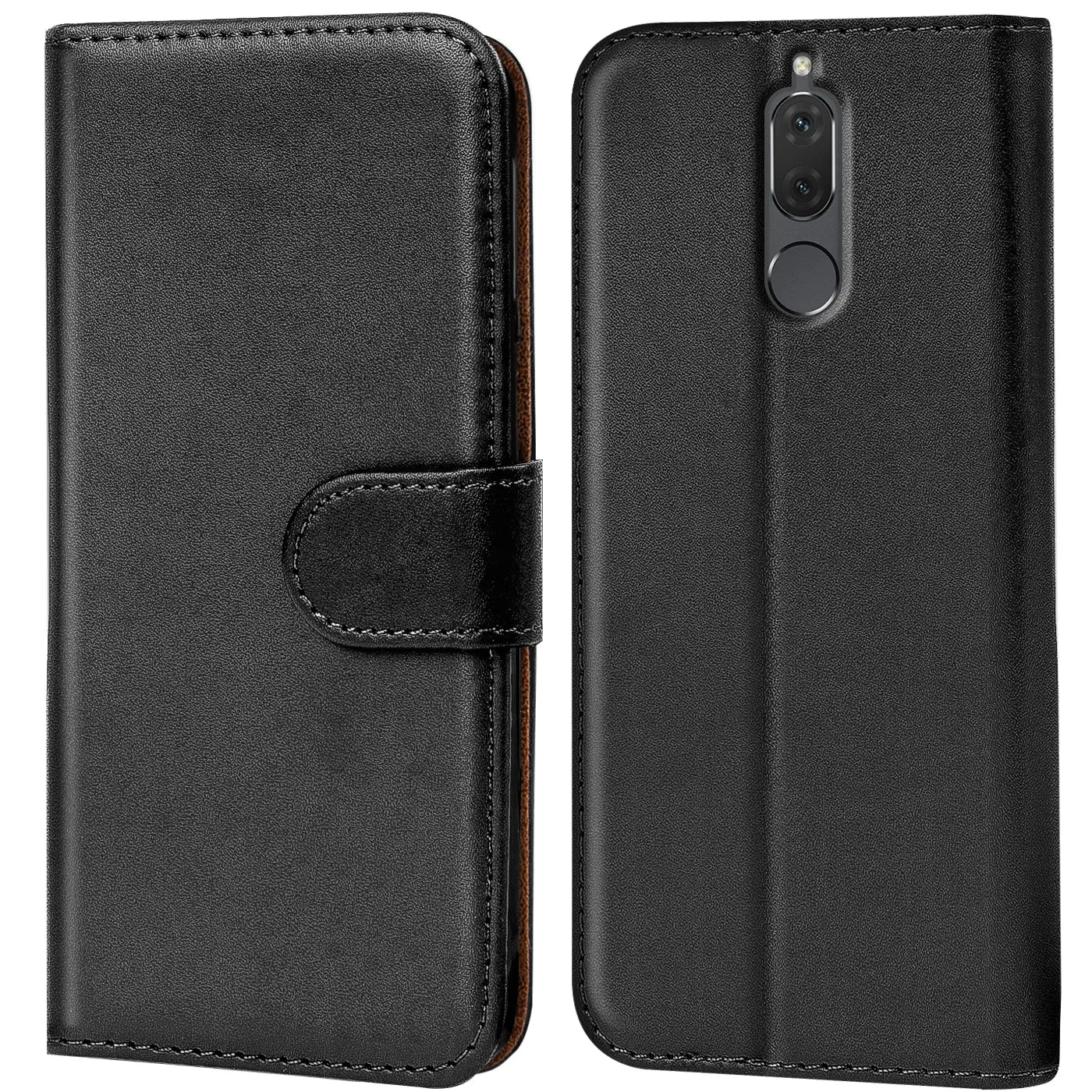 Schwarze Leder-Klapphülle mit Kartenfächern, Vorder- und Rückansicht, für Huawei Mate 10 Lite.
