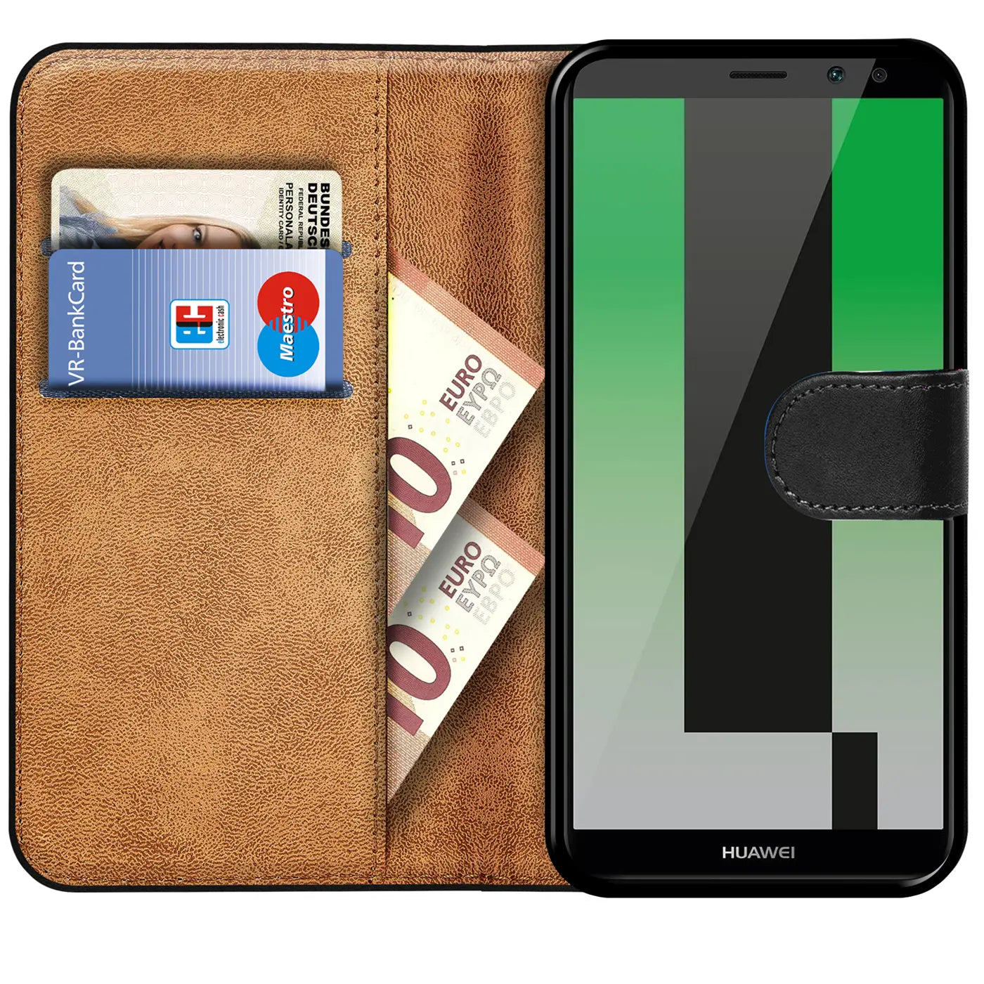 Braune Kunstleder-Klapphülle mit Kartenfächern und Geldscheinfach, zeigt Huawei Mate 10 Lite.