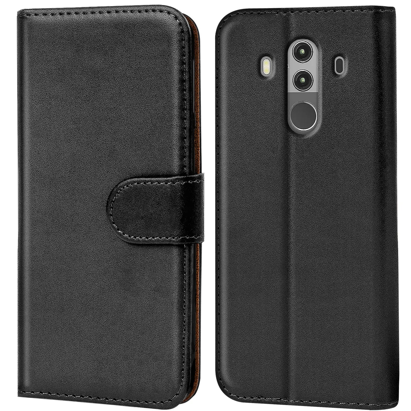 Schwarze Leder-Klapphülle für Huawei Mate 10 Pro, Vorder- und Rückansicht.