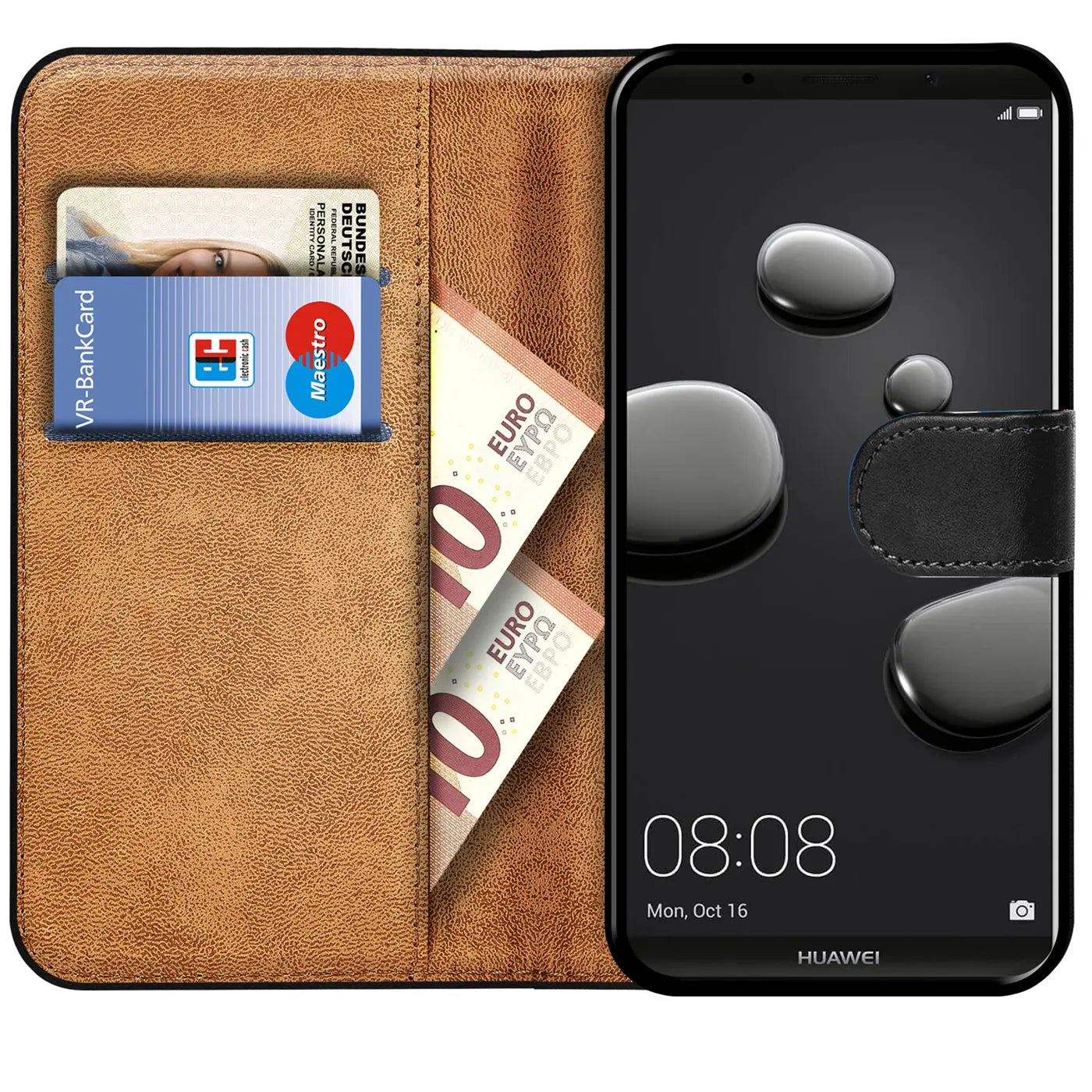 Braune Leder-Klapphülle mit Kartenfächern und Geldscheinfach, zeigt Huawei Mate 10 Pro.