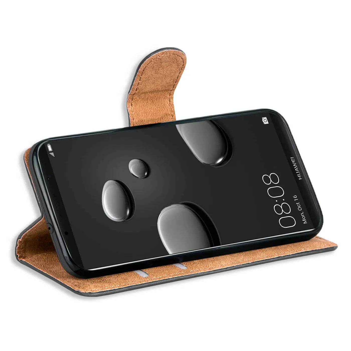 Braune Leder-Klapphülle mit Kartenfächern für Huawei Mate 10 Pro, von vorne schräg.