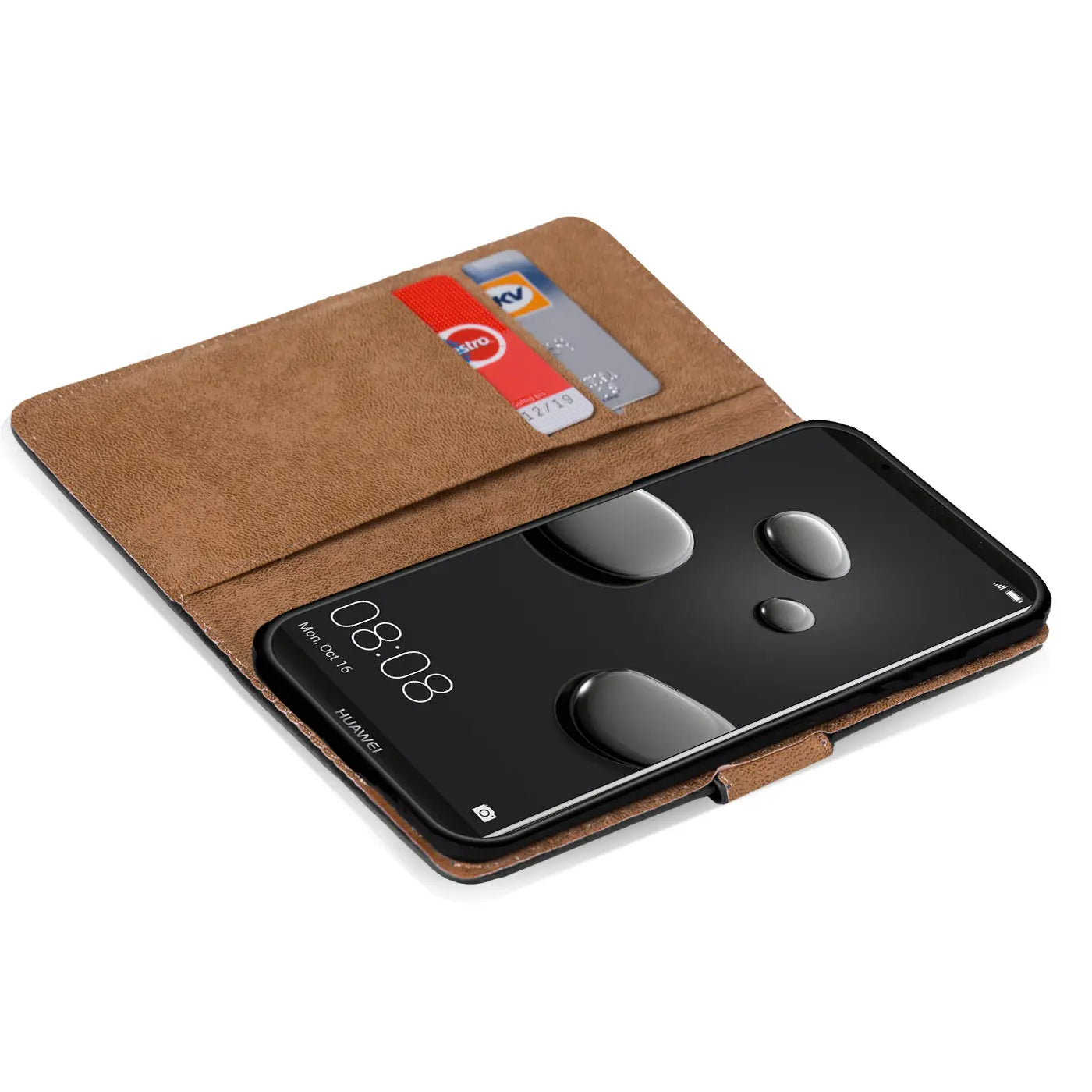 Braune Klapphülle aus Leder mit Kartenfächern, zeigt Huawei Mate 10 Pro, von oben.