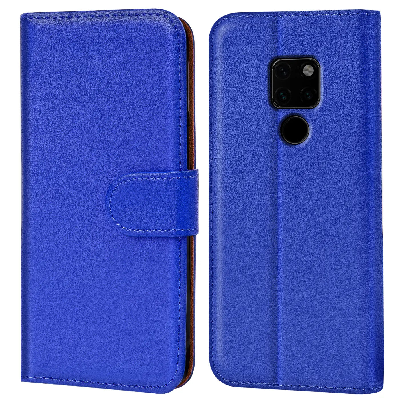Blaue Kunstleder-Klapphülle für Huawei Mate 20, Vorder- und Rückansicht.