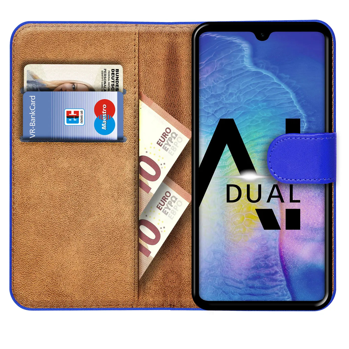 Blaue Kunstleder-Klapphülle mit Kartenfächern, Geld, Huawei Mate 20, von vorne