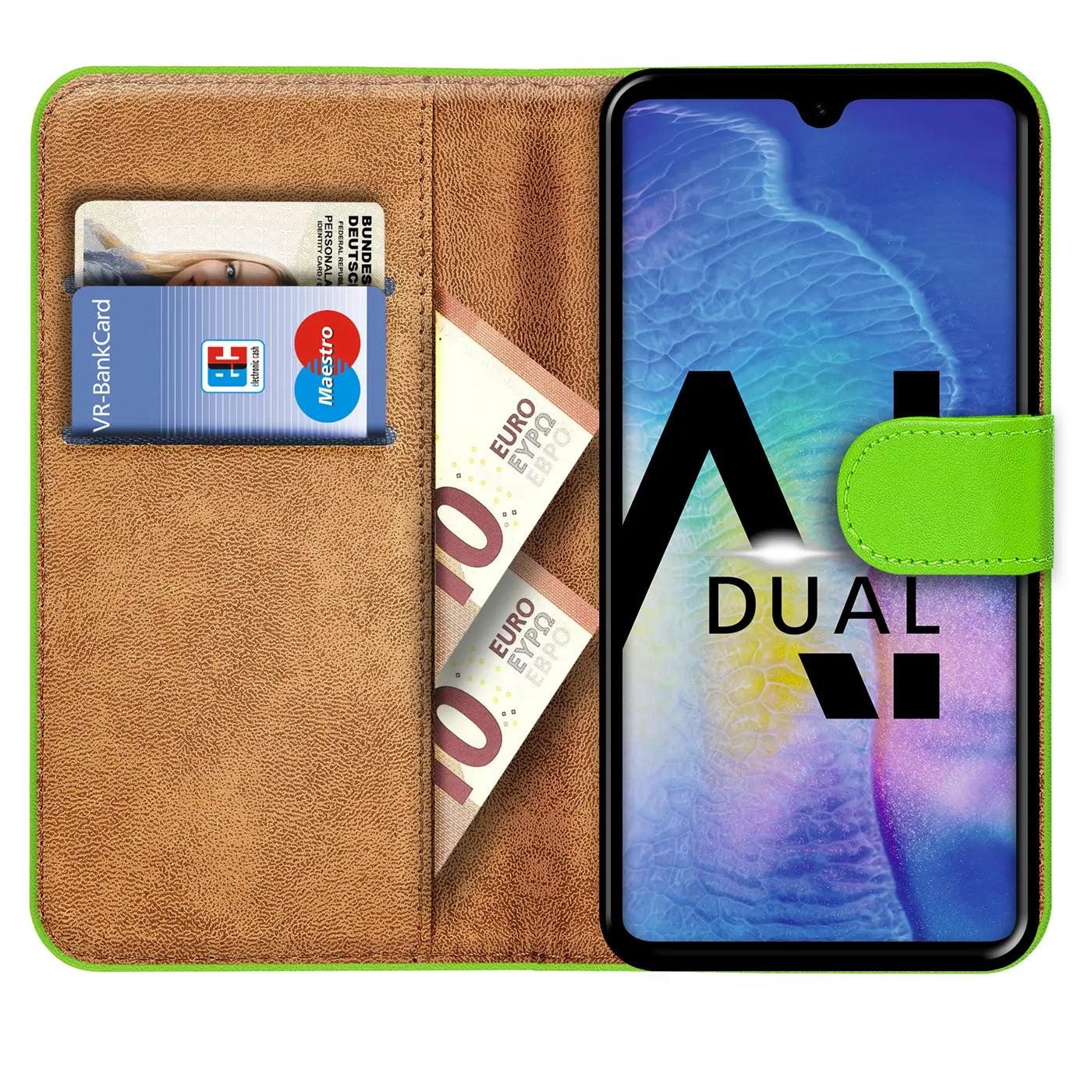 Grüne Kunstleder-Klapphülle mit Kartenfächern, zeigt Huawei Mate 20, von vorne