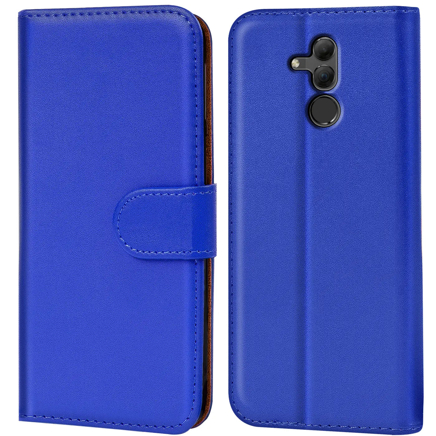 Blaue Kunstleder-Klapphülle für Huawei Mate 20 Lite, Vorder- und Rückansicht.