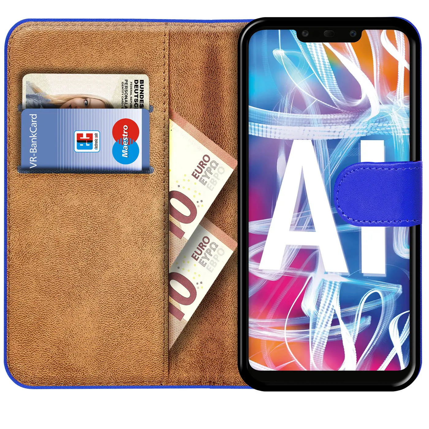 Blaue Kunstleder-Klapphülle mit Kartenfächern, geöffnet, zeigt Huawei Mate 20 Lite.