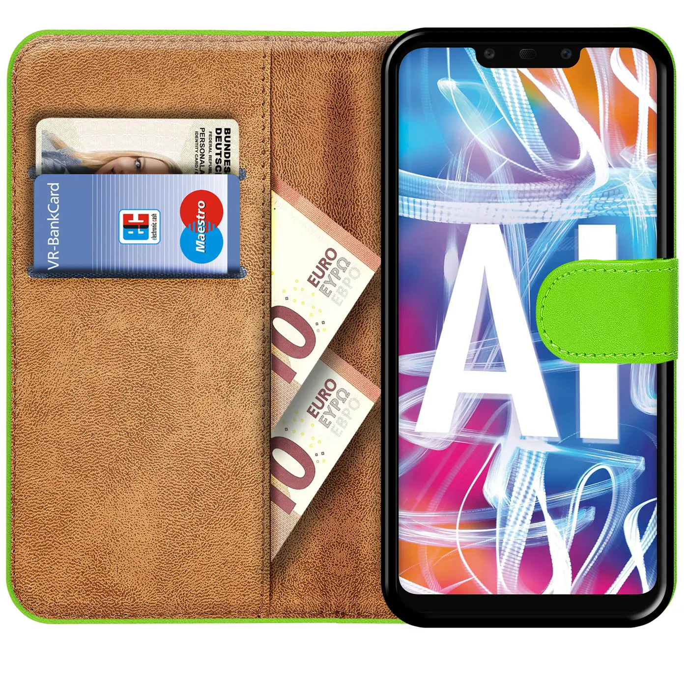 Grüne Klapphülle aus Kunstleder mit Kartenfächern, zeigt Huawei Mate 20 Lite.