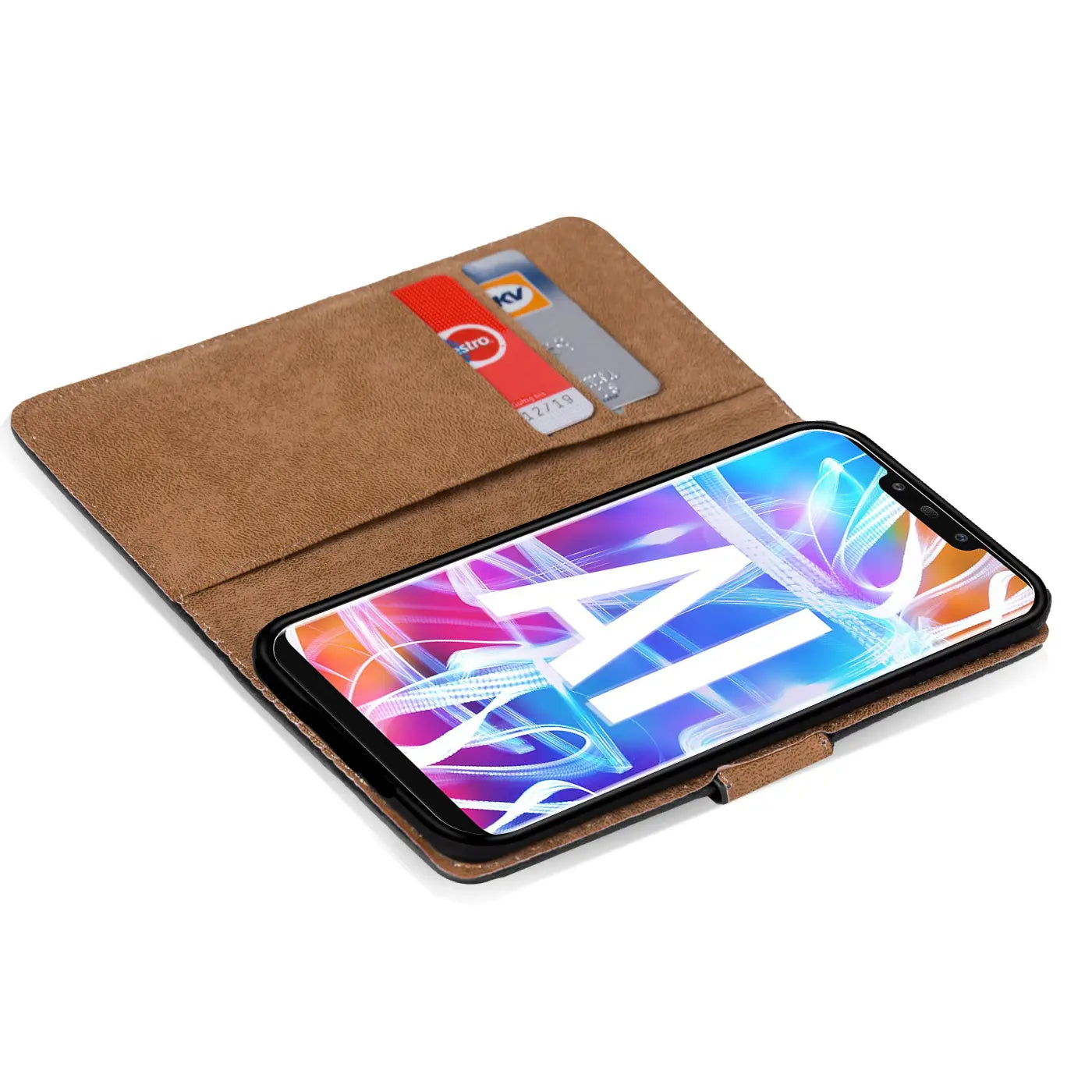Braune Kunstleder-Klapphülle mit Kartenfächern, zeigt Huawei Mate 20 Lite.