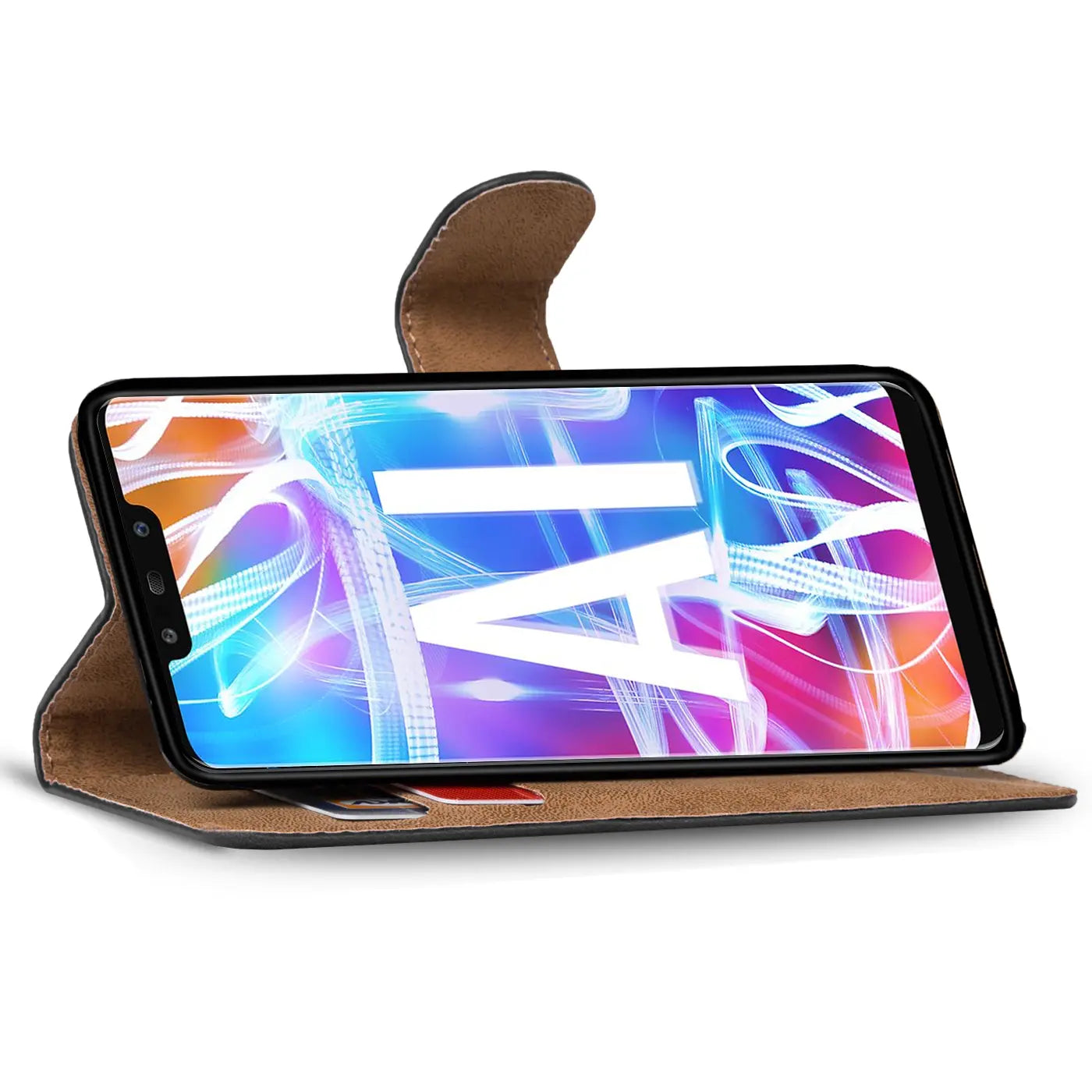 Braune Kunstleder-Klapphülle mit Kartenfächern, zeigt Huawei Mate 20 Lite, von vorne