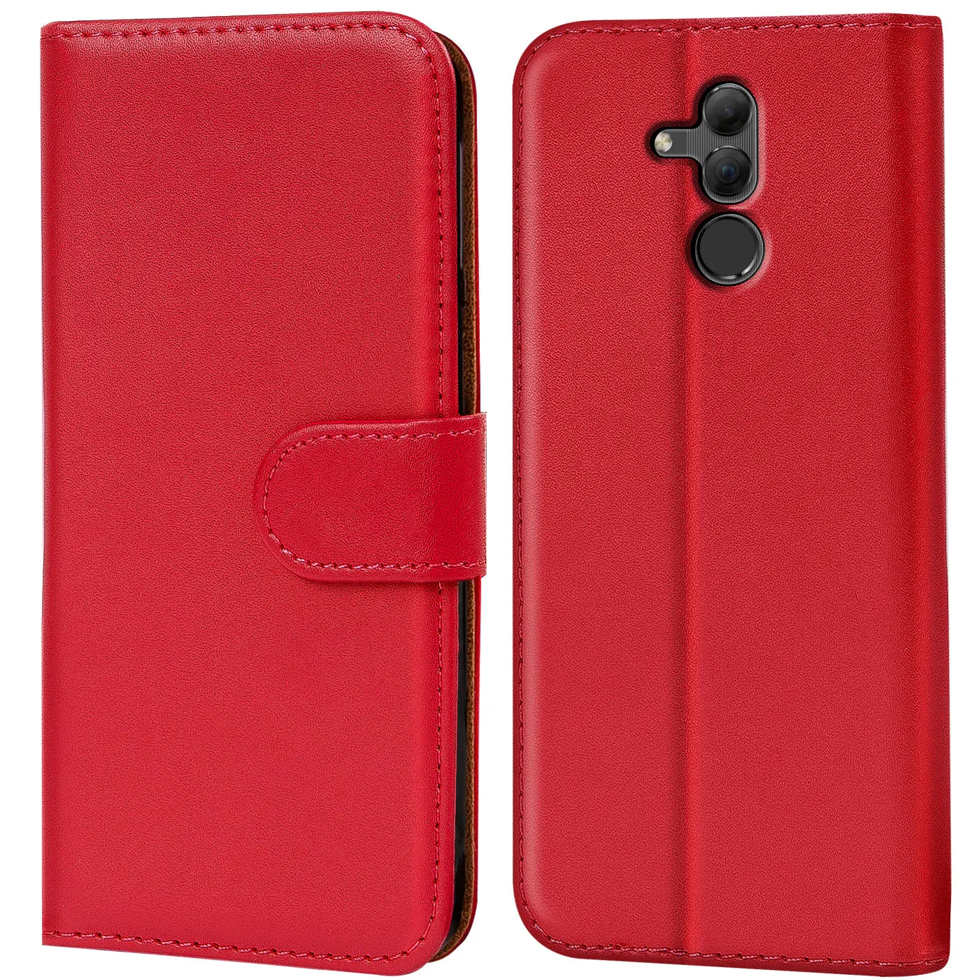 Rote Kunstleder-Klapphülle mit Kartenfächern für Huawei Mate 20 Lite, Vorder- und Rückansicht.