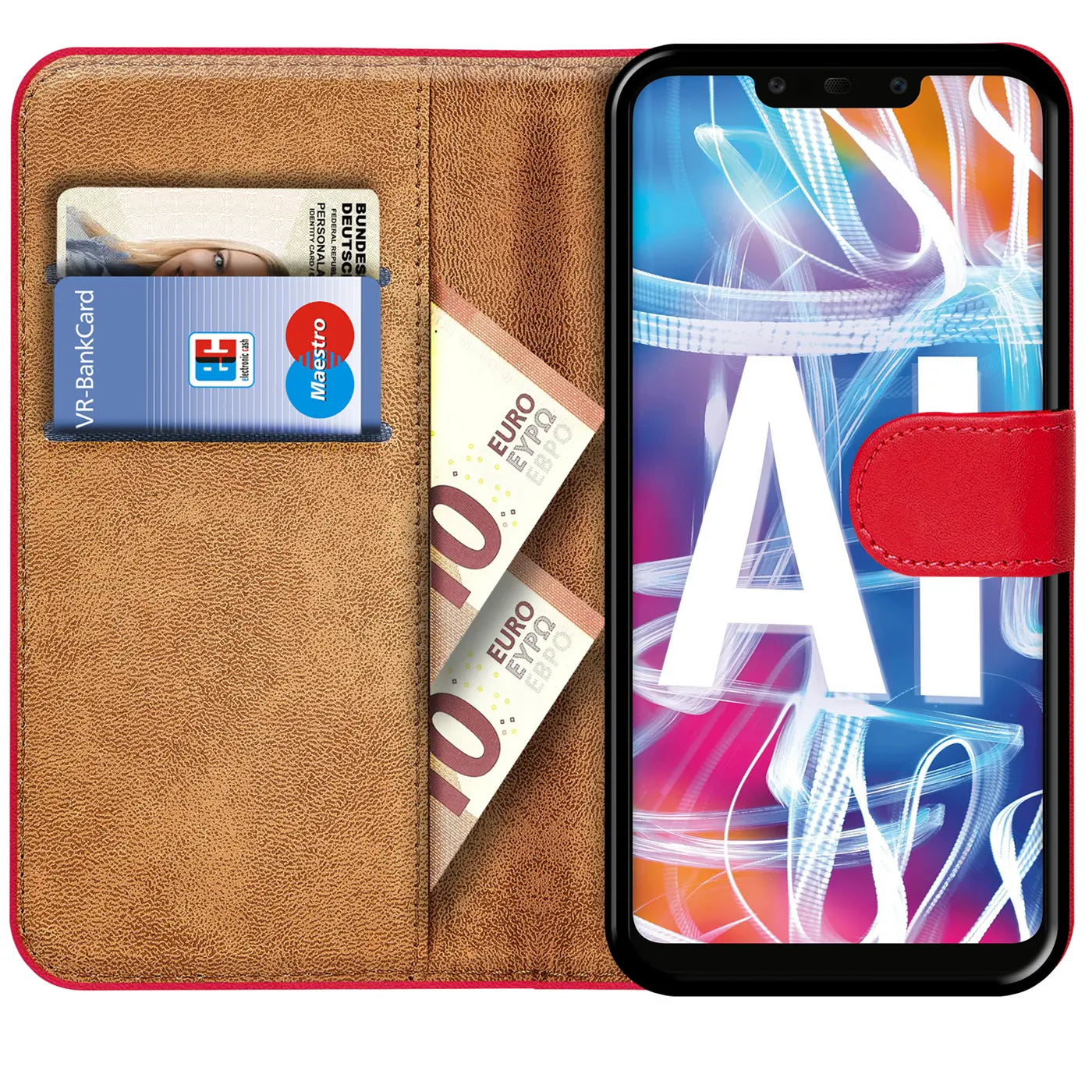 Rote Kunstleder-Klapphülle mit Kartenfächern und Huawei Mate 20 Lite, von vorne