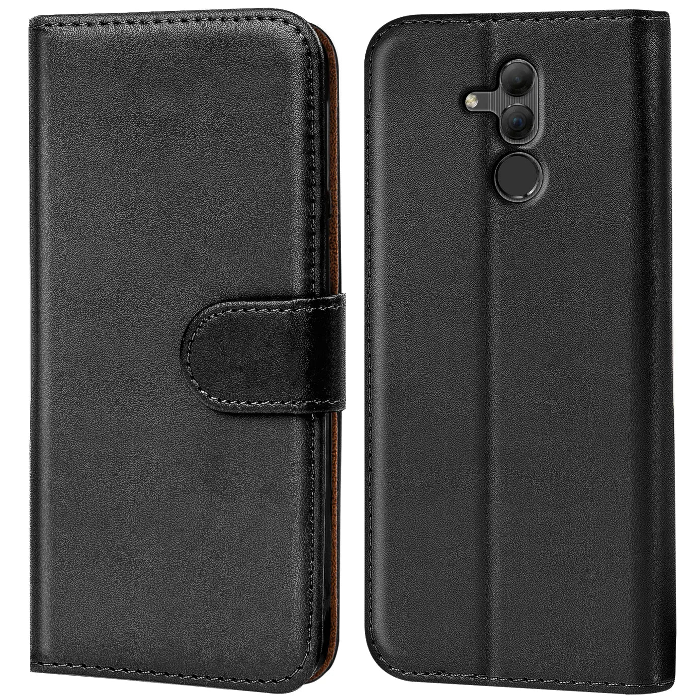 Schwarze Leder-Klapphülle für Huawei Mate 20 Lite, Vorder- und Rückansicht.