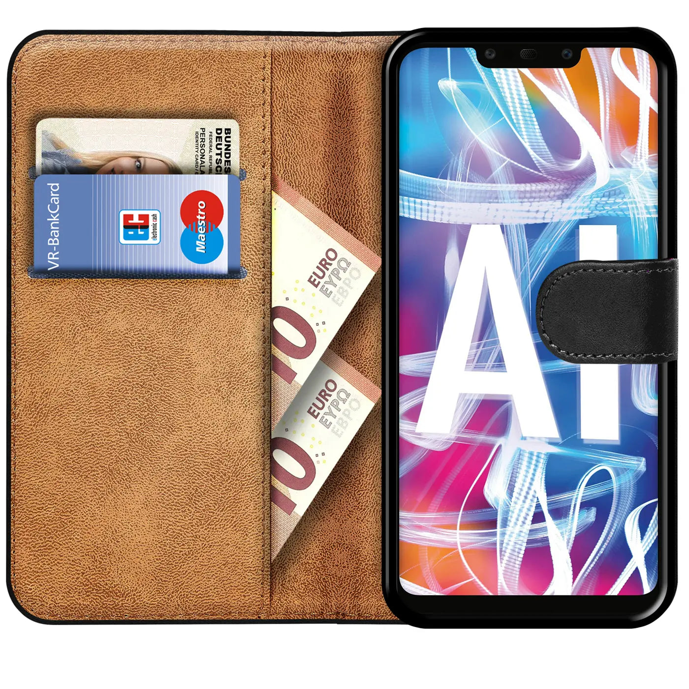 Braune Kunstleder-Klapphülle mit Kartenfächern und Geldscheinfach, zeigt Huawei Mate 20 Lite.