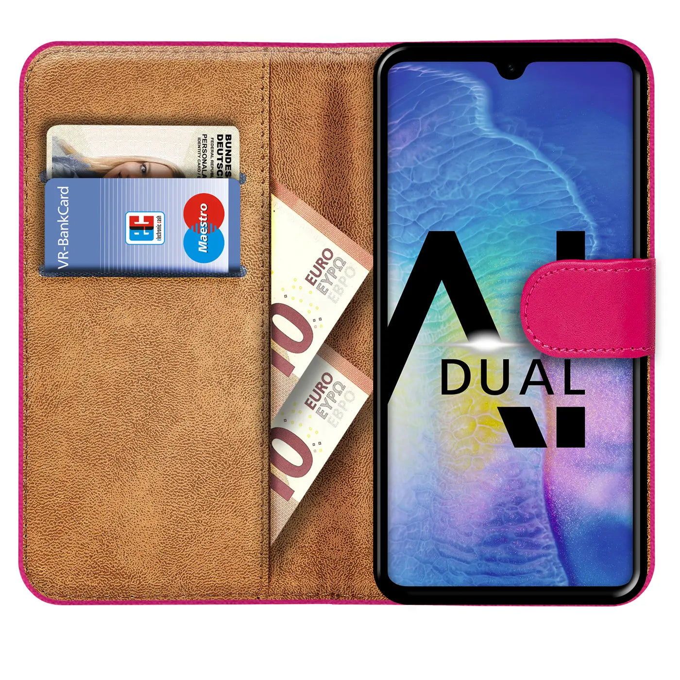 Pink Kunstleder-Klapphülle mit Kartenfächern, Geld, Huawei Mate 20.