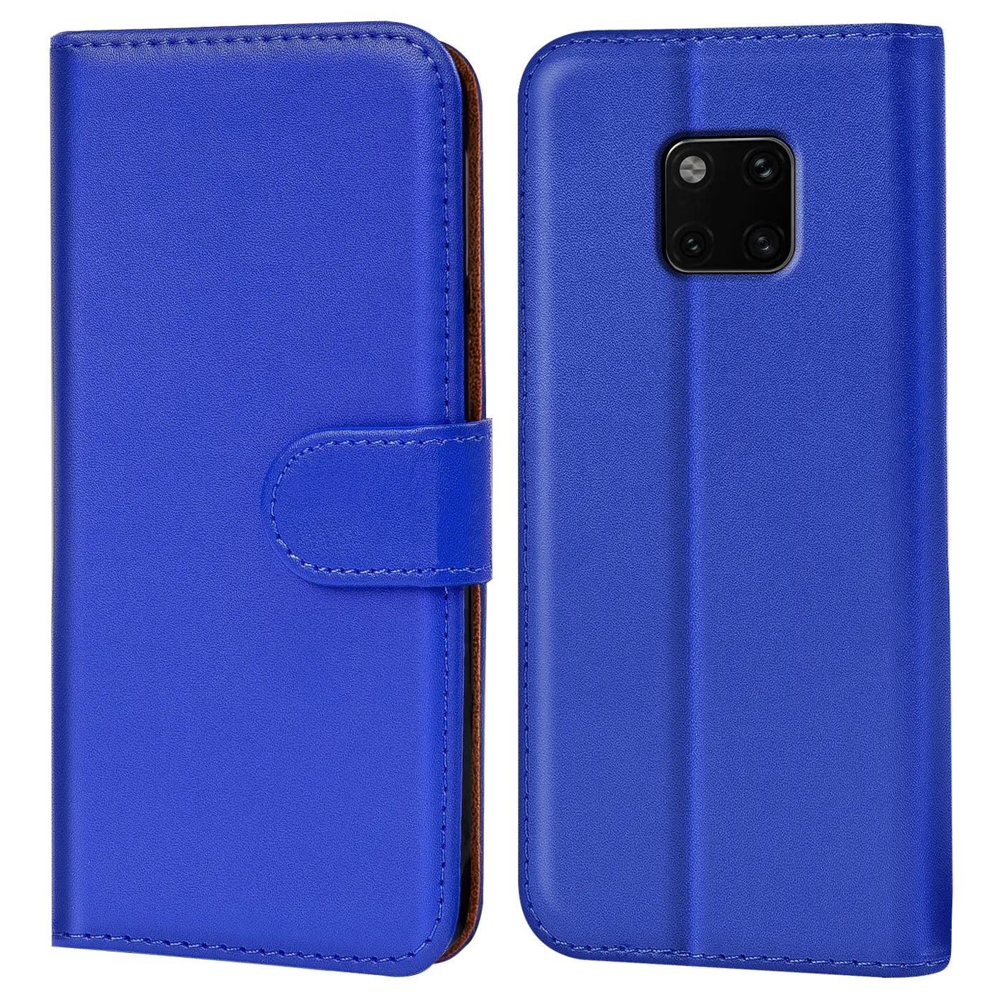 Blaue Kunstleder-Klapphülle für Huawei Mate 20 Pro, Vorder- und Rückansicht.