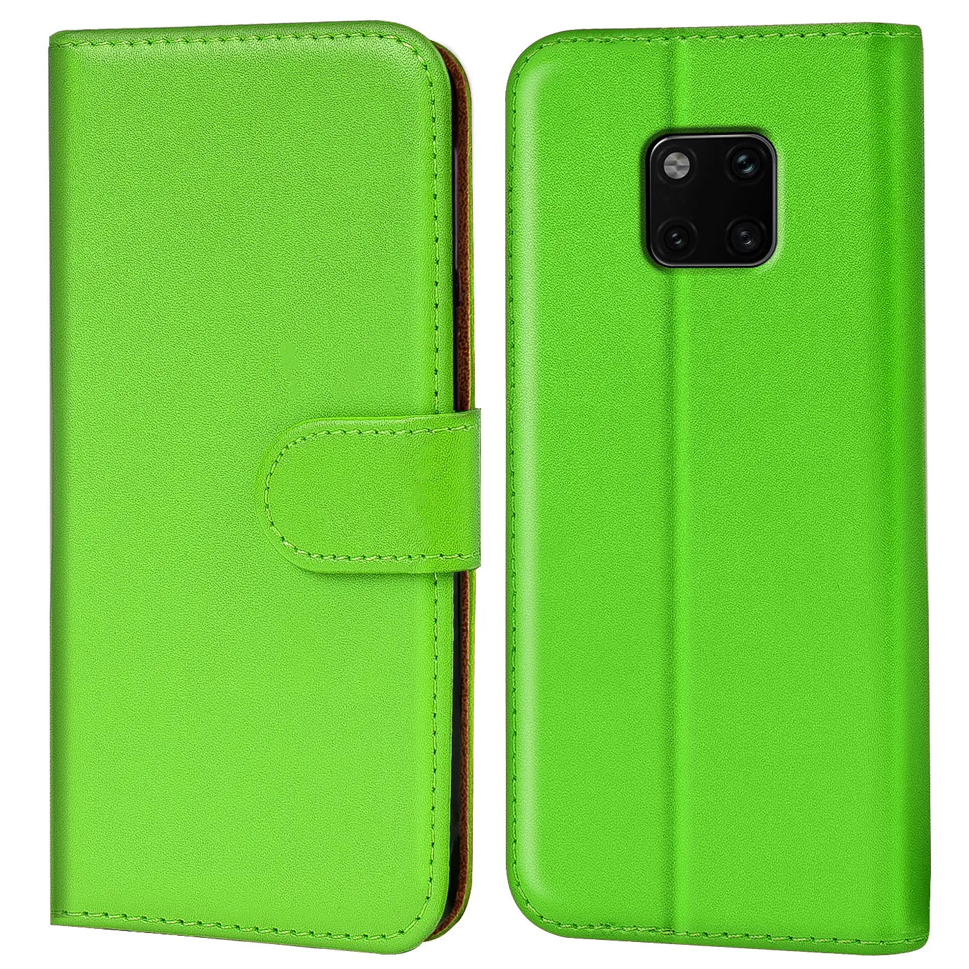 Grüne Kunstleder-Klapphülle, Vorder- und Rückansicht, für Huawei Mate 20 Pro.