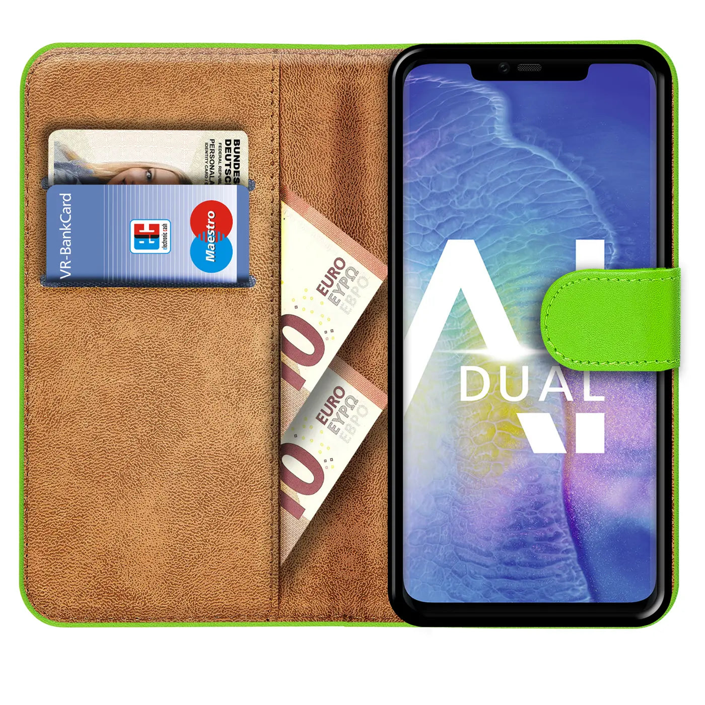 Grüne Klapphülle aus Leder mit Kartenfächern, zeigt Huawei Mate 20 Pro, von vorne