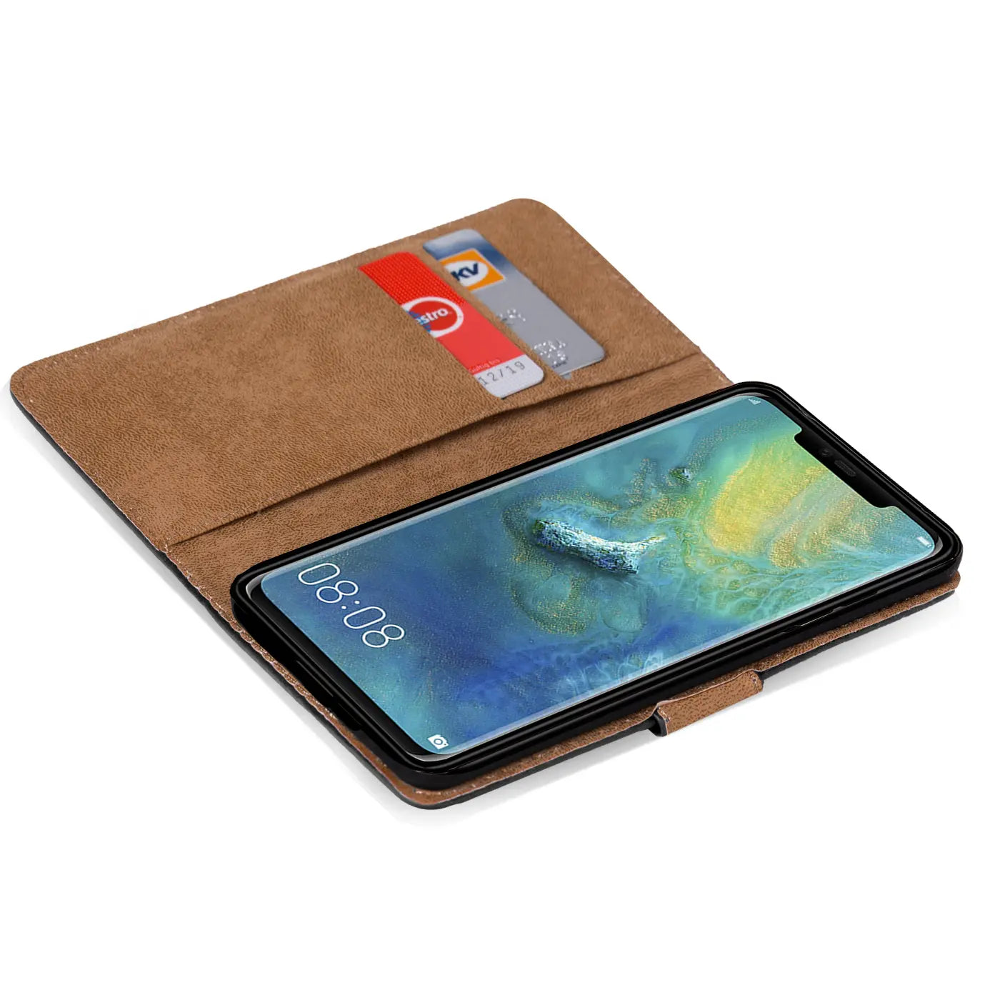 Braune Klapphülle aus Leder mit Kartenfächern, zeigt Huawei Mate 20 Pro.