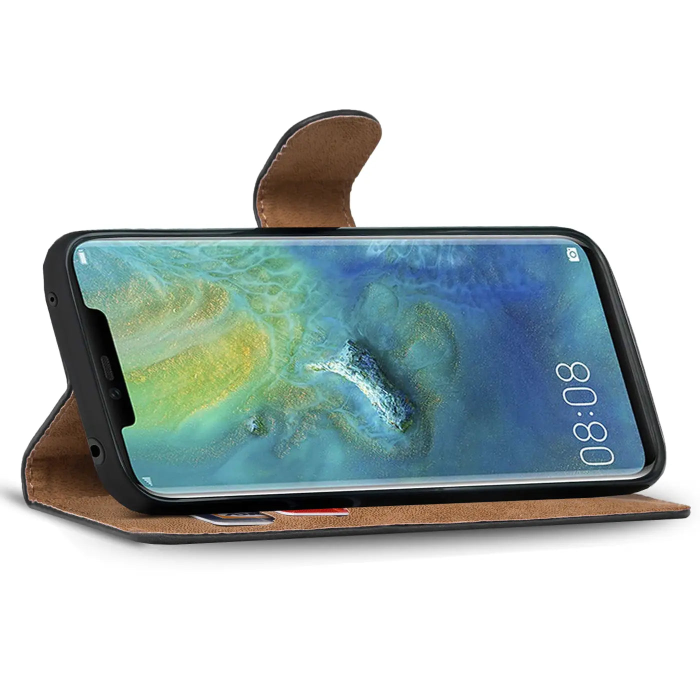 Schwarze Leder-Klapphülle mit Kartenfächern, Huawei Mate 20 Pro, Seitenansicht