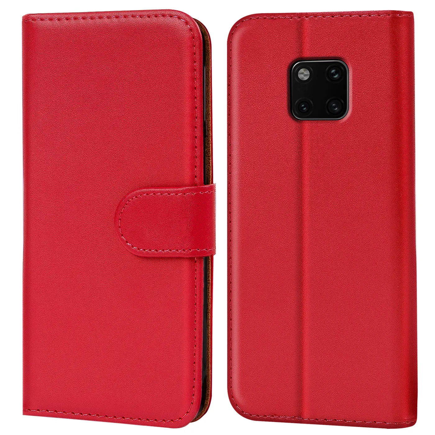 Rote Leder-Klapphülle mit Kartenfächern, Vorder- und Rückansicht, für Huawei Mate 20 Pro.