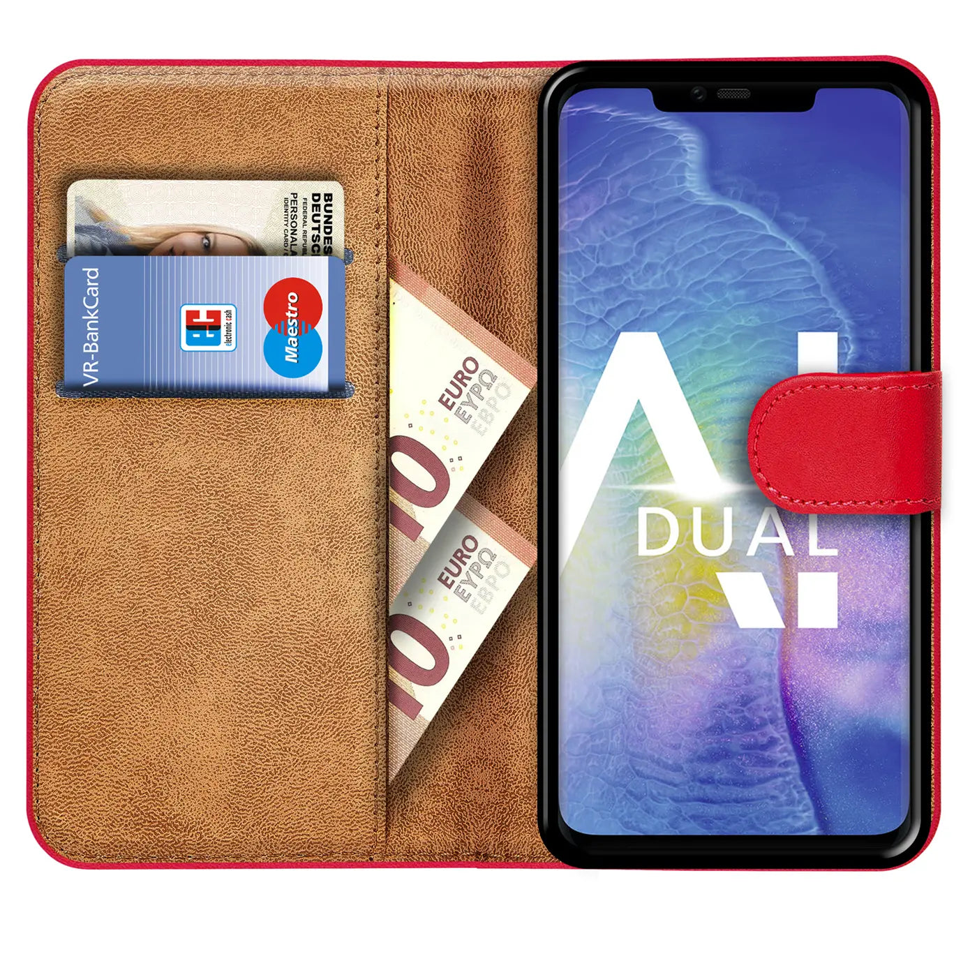 Rote Kunstleder-Klapphülle mit Kartenfächern, zeigt Huawei Mate 20 Pro.