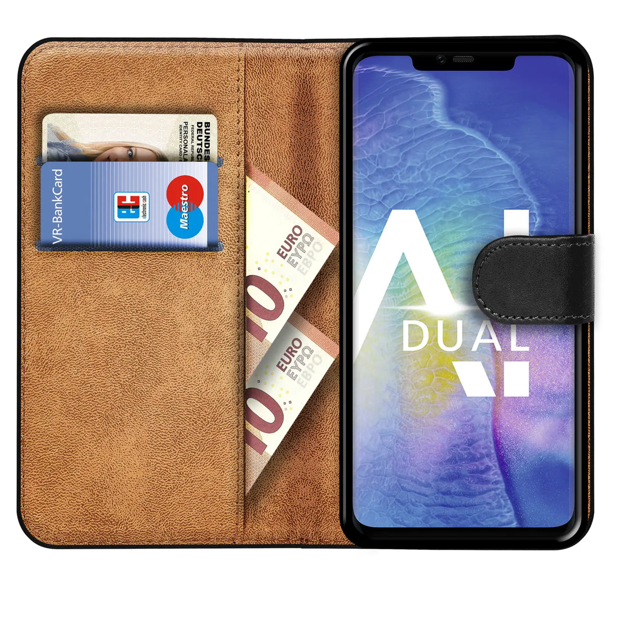 Huawei Mate 20 Pro Klapphülle in Schwarz mit Kartenfächern und Schutz