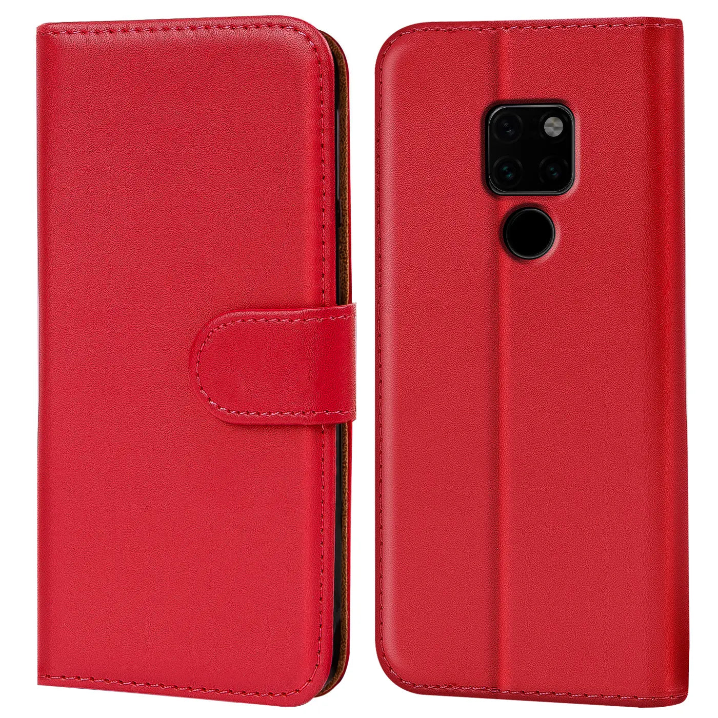 Rote Leder-Klapphülle mit Kartenfächern, Vorder- und Rückansicht, Huawei Mate 20.