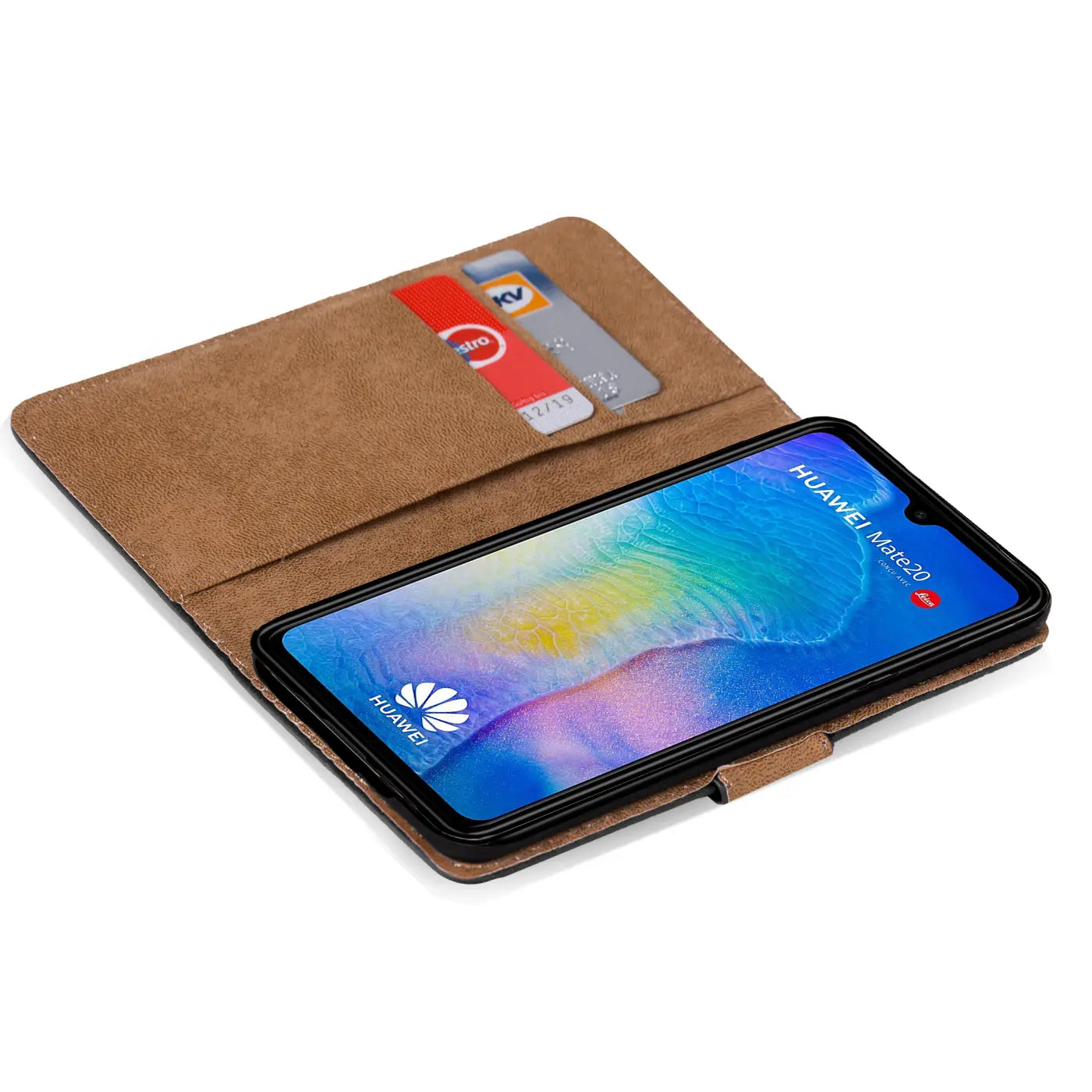 Braune Kunstleder-Klapphülle mit Kartenfächern, zeigt Huawei Mate 20.