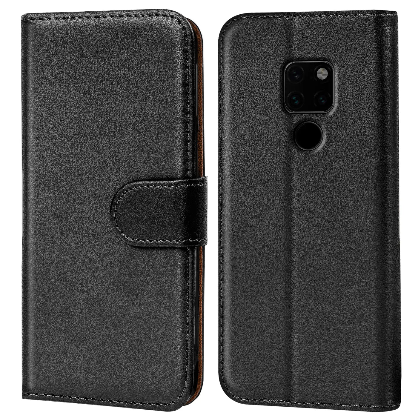 Schwarze Leder-Klapphülle mit Kartenfächern für Huawei Mate 20, Vorder- und Rückansicht.