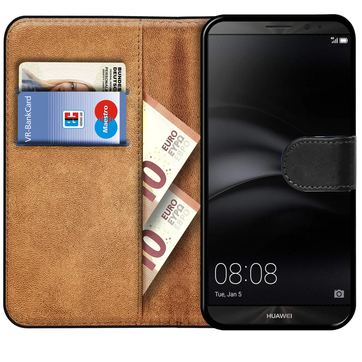 Braune Leder-Klapphülle mit Kartenfächern und Huawei Mate 8, von vorne