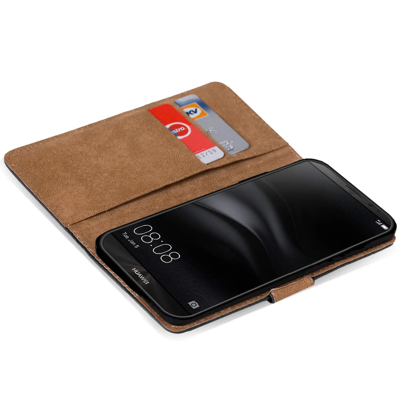 Braune Leder-Klapphülle mit Kartenfächern, zeigt Huawei Mate 8 von oben.
