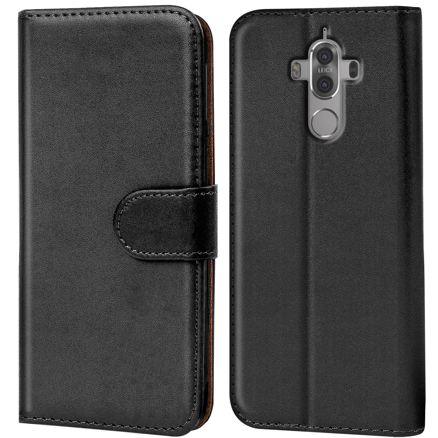 Schwarze Leder-Klapphülle mit Kartenfächern, Vorder- und Rückansicht, Huawei Mate 9.