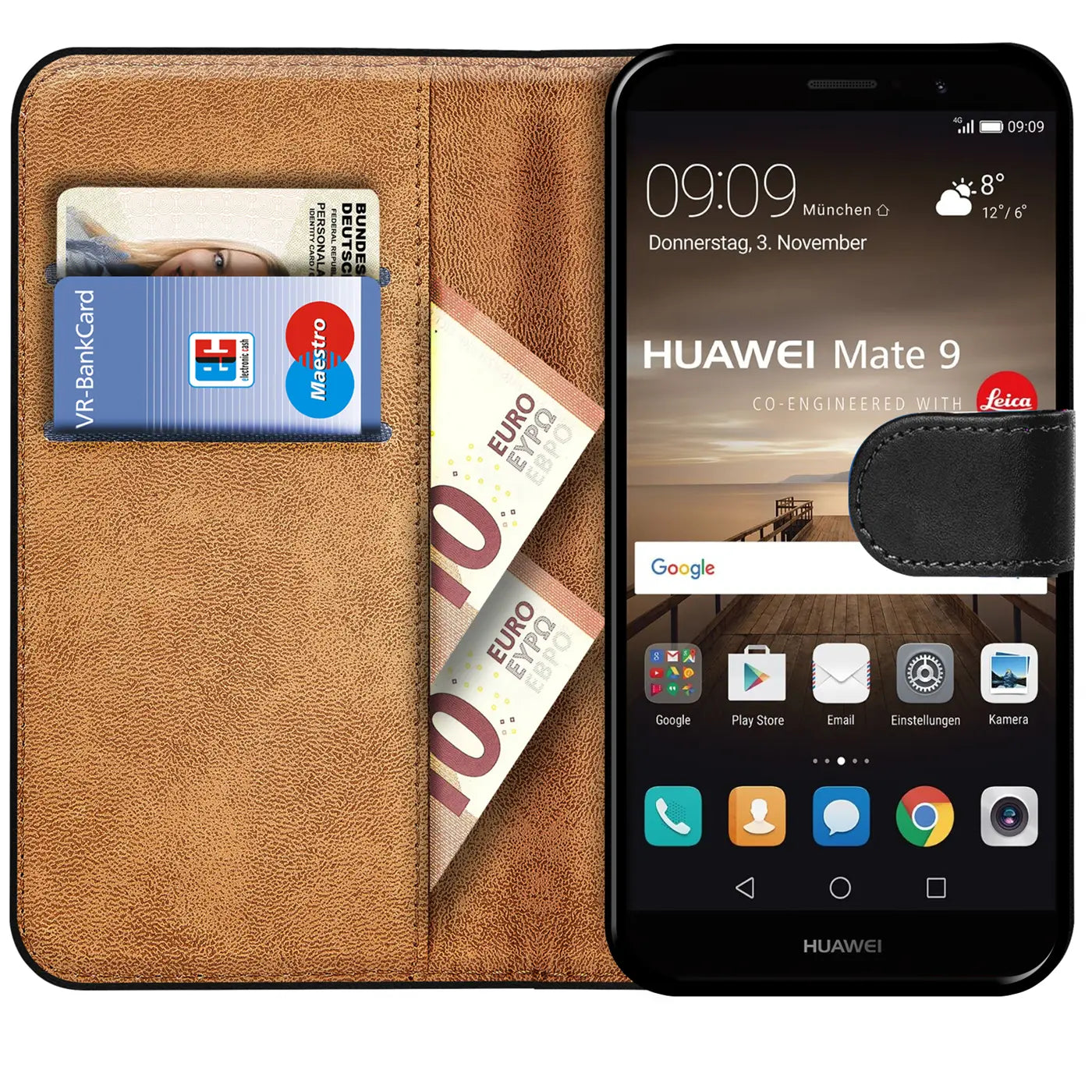 Braun Leder Klapphülle mit Kartenfächern für Huawei Mate 9, von vorne