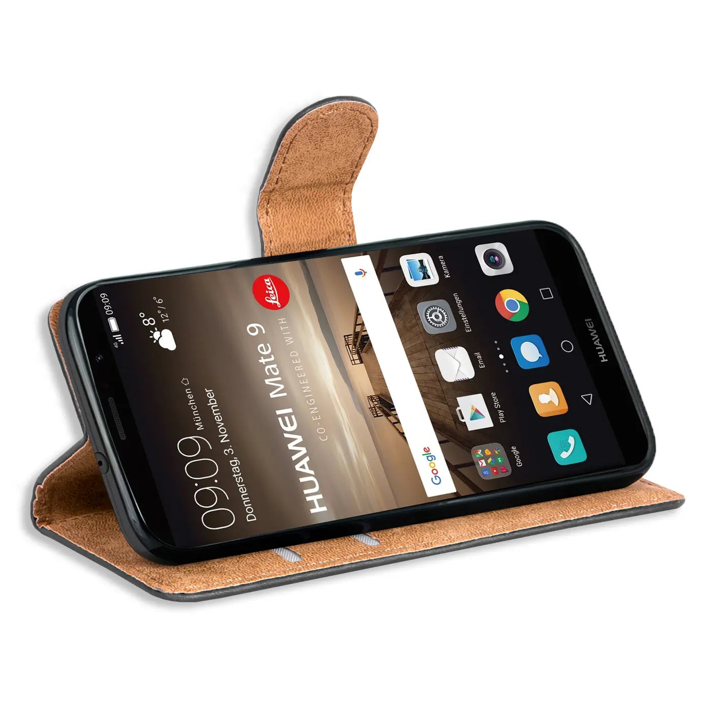 Braune Leder-Klapphülle mit Huawei Mate 9, von vorne schräg gezeigt.