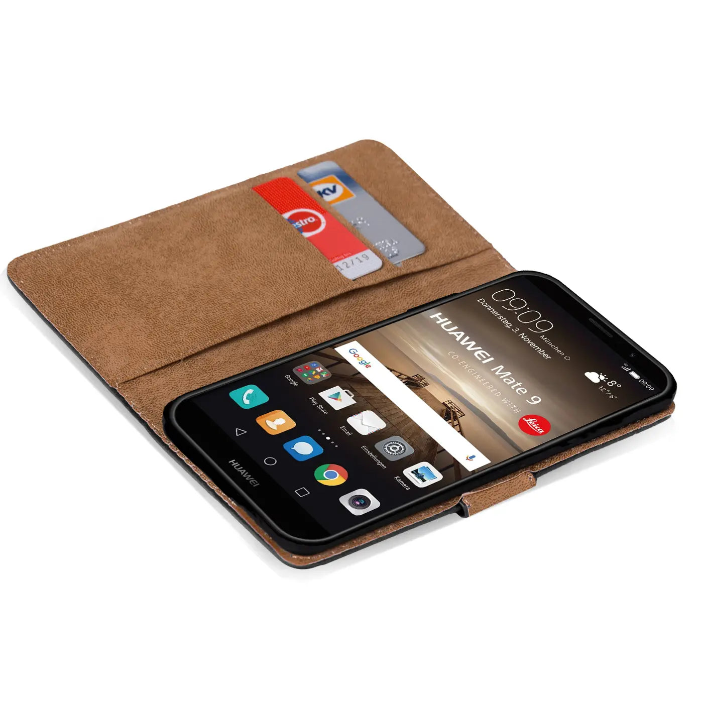 Braune Leder-Klapphülle mit Kartenfächern, zeigt Huawei Mate 9, von oben links
