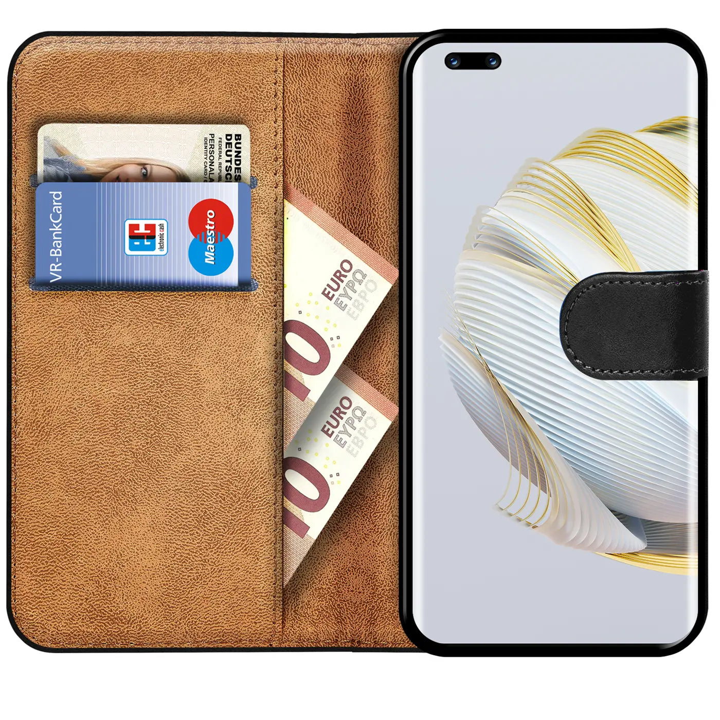 Braune Kunstleder-Klapphülle mit Kartenfächern, zeigt Huawei Nova 10 Pro.