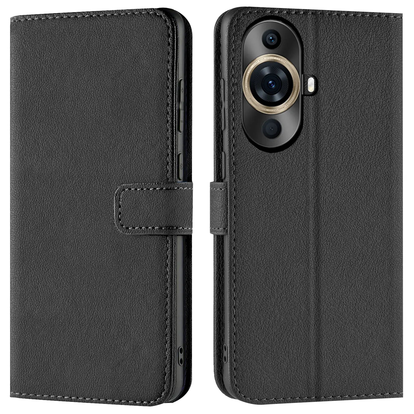Schwarze Kunstleder-Klapphülle mit Kartenfächern für Huawei Nova 11 Pro, Vorder- und Rückansicht.