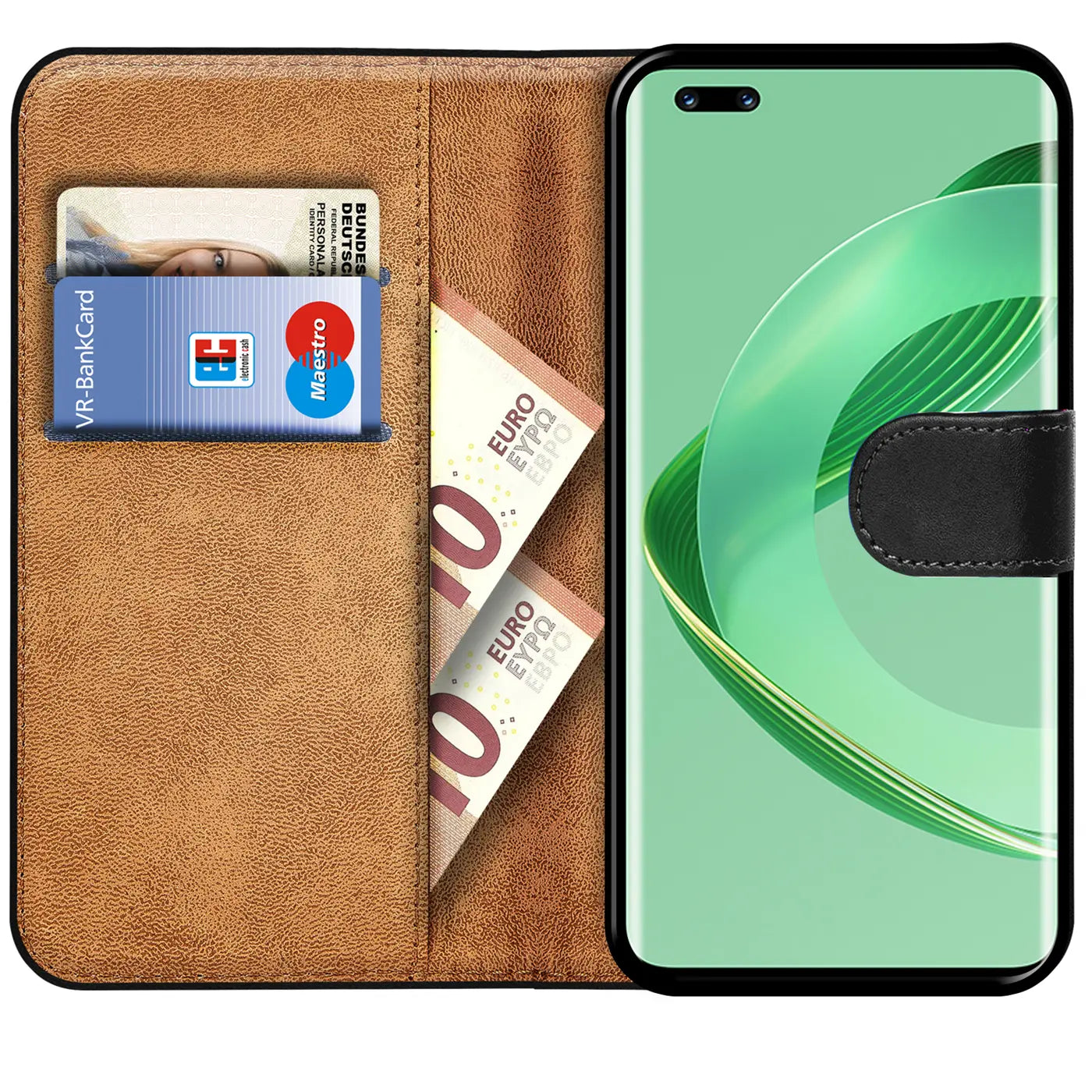 Braune Kunstleder-Klapphülle mit Kartenfächern und Geldscheinfach, zeigt Huawei Nova 11 Pro.
