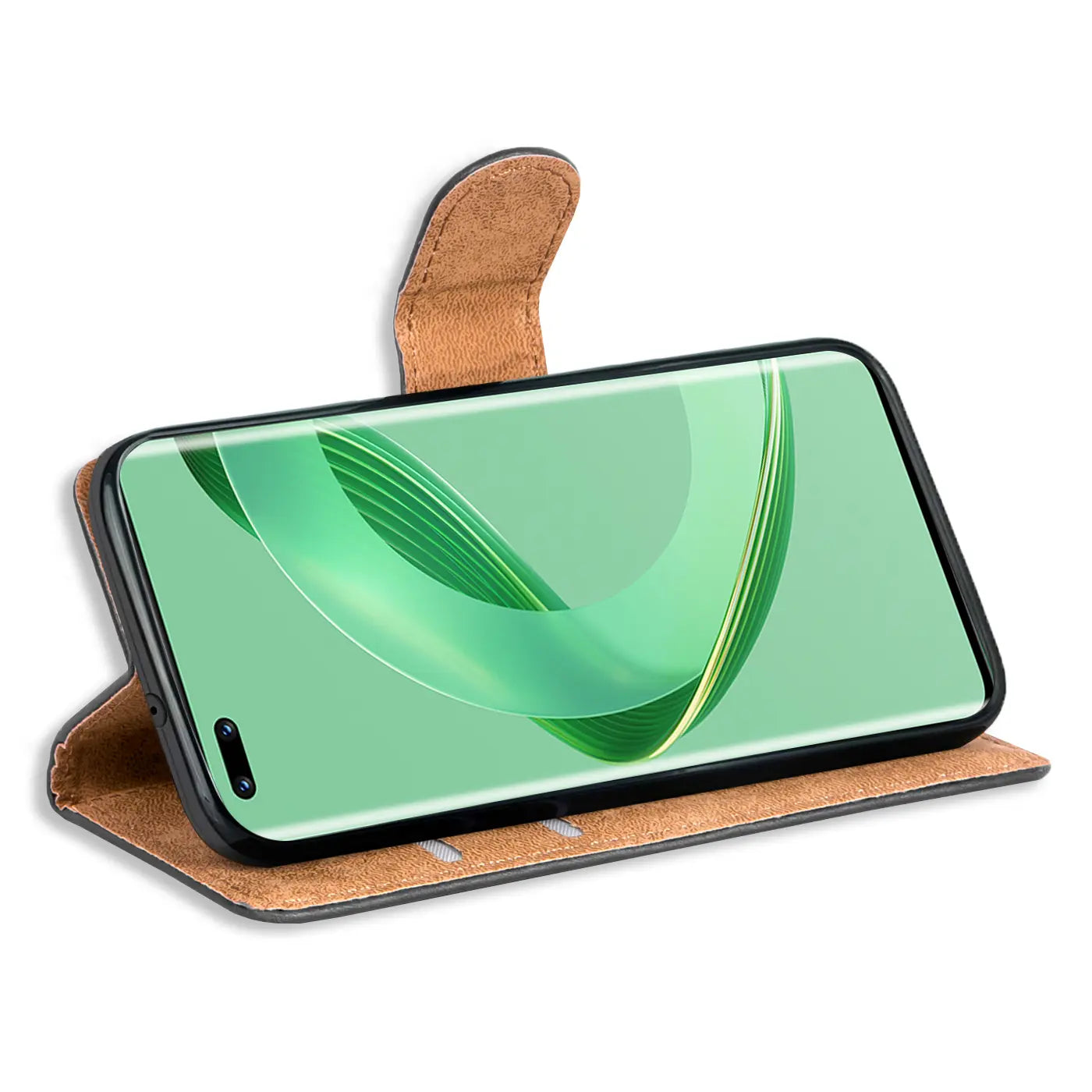 Braune Kunstleder-Klapphülle mit Kartenfächern für Huawei Nova 11 Pro, von vorne.