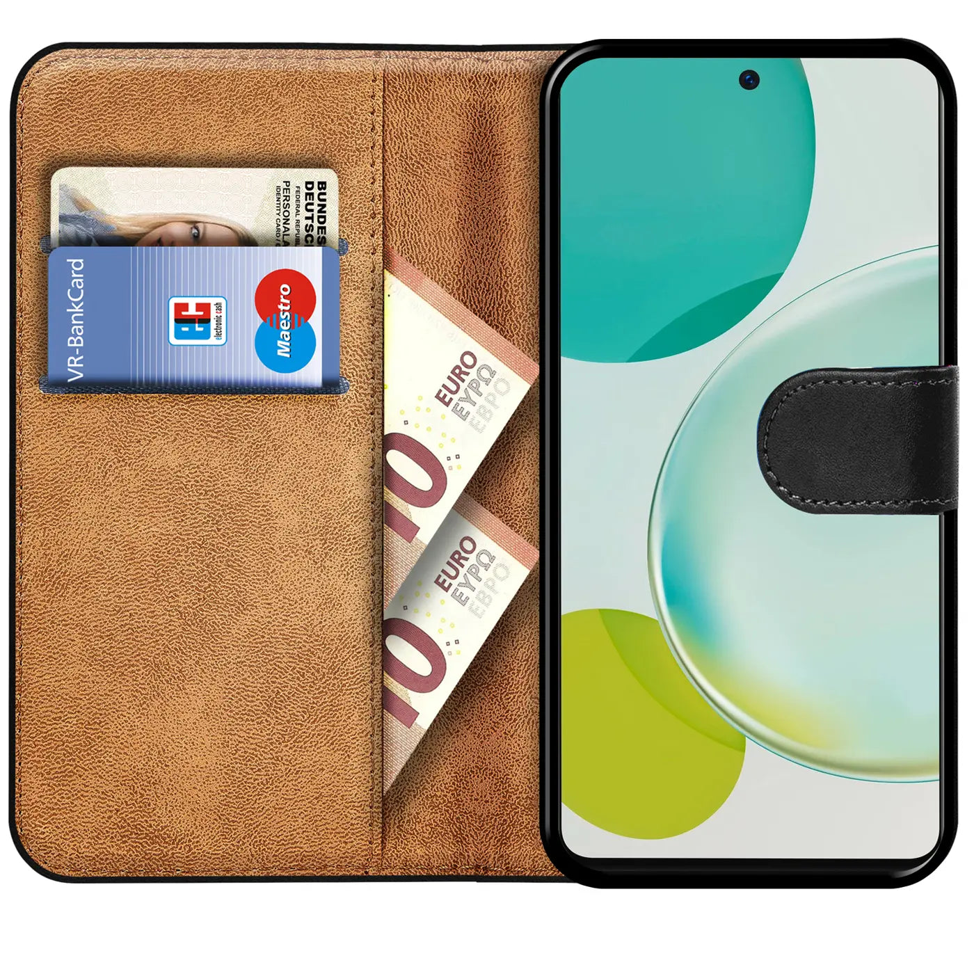 Braune Kunstleder-Klapphülle mit Kartenfächern, zeigt Huawei Nova 11 i.