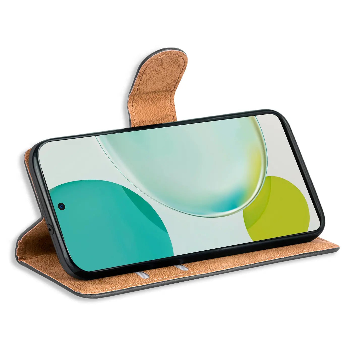 Braune Leder-Klapphülle mit Kartenfächern, zeigt Huawei Nova 11 i, Seitenansicht