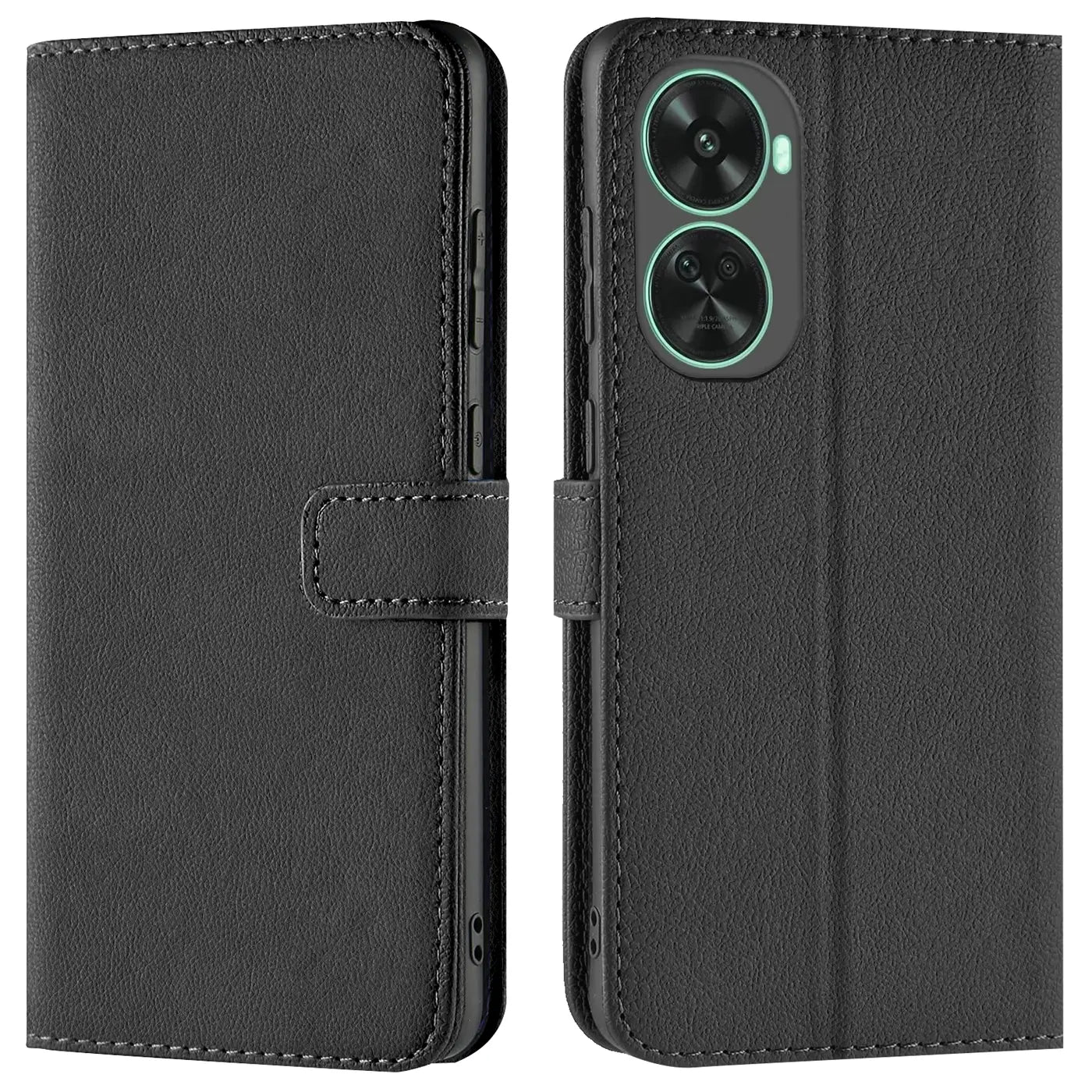 Schwarze Leder-Klapphülle, Vorder- und Rückansicht, mit Huawei Nova 12 SE