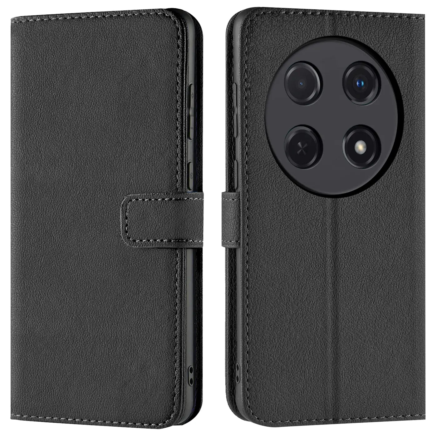 Schwarze Leder-Klapphülle mit Kartenfächern, Vorder- und Rückansicht, erkennbares Huawei Nova 12i.