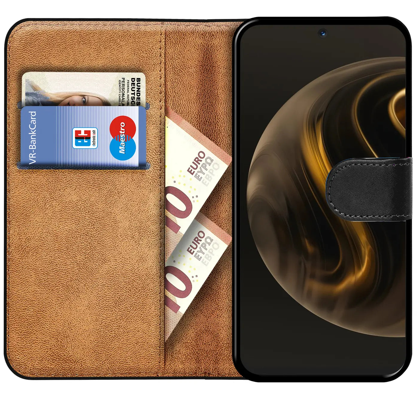 Braune Kunstleder-Klapphülle mit Kartenfächern und Geldscheinfach, zeigt Huawei Nova 12i.