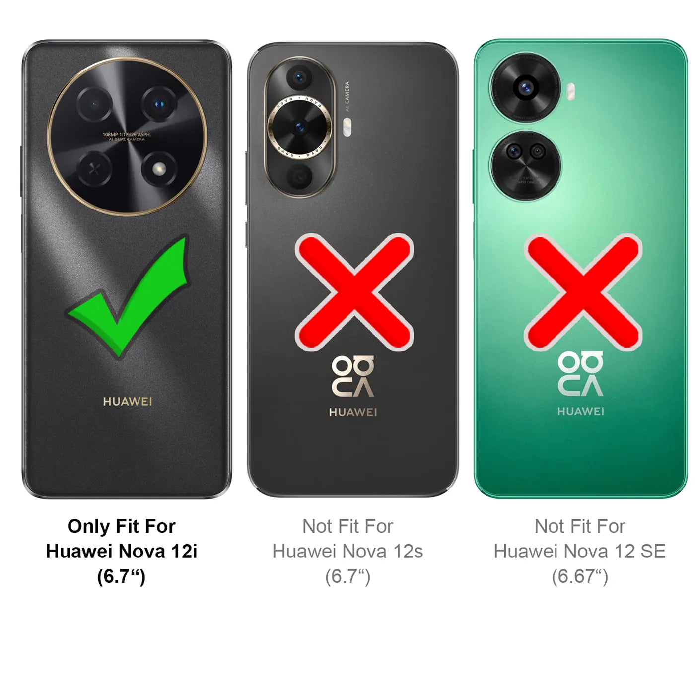 Drei Huawei-Handys: links mit Haken, Mitte/rechts mit X. Schwarz, Grau, Grün.