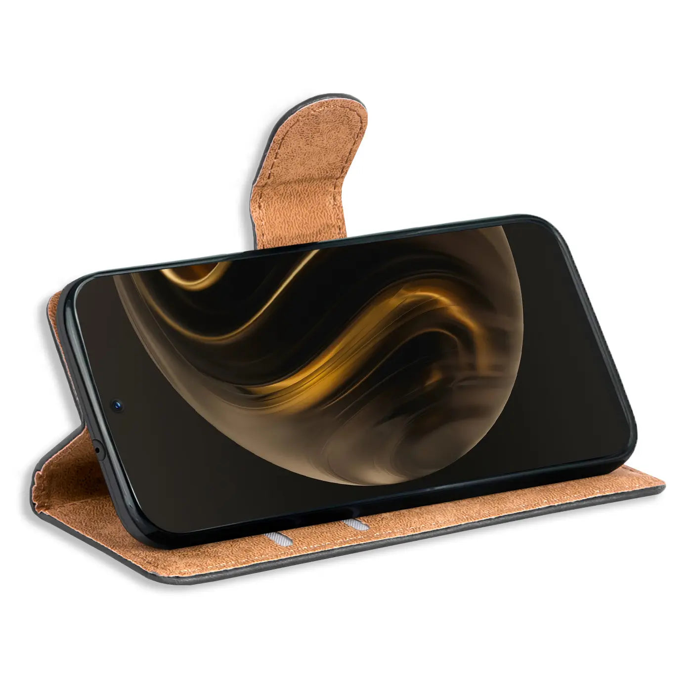 Braune Kunstleder-Klapphülle mit Kartenfächern, Huawei Nova 12i, Seitenansicht.