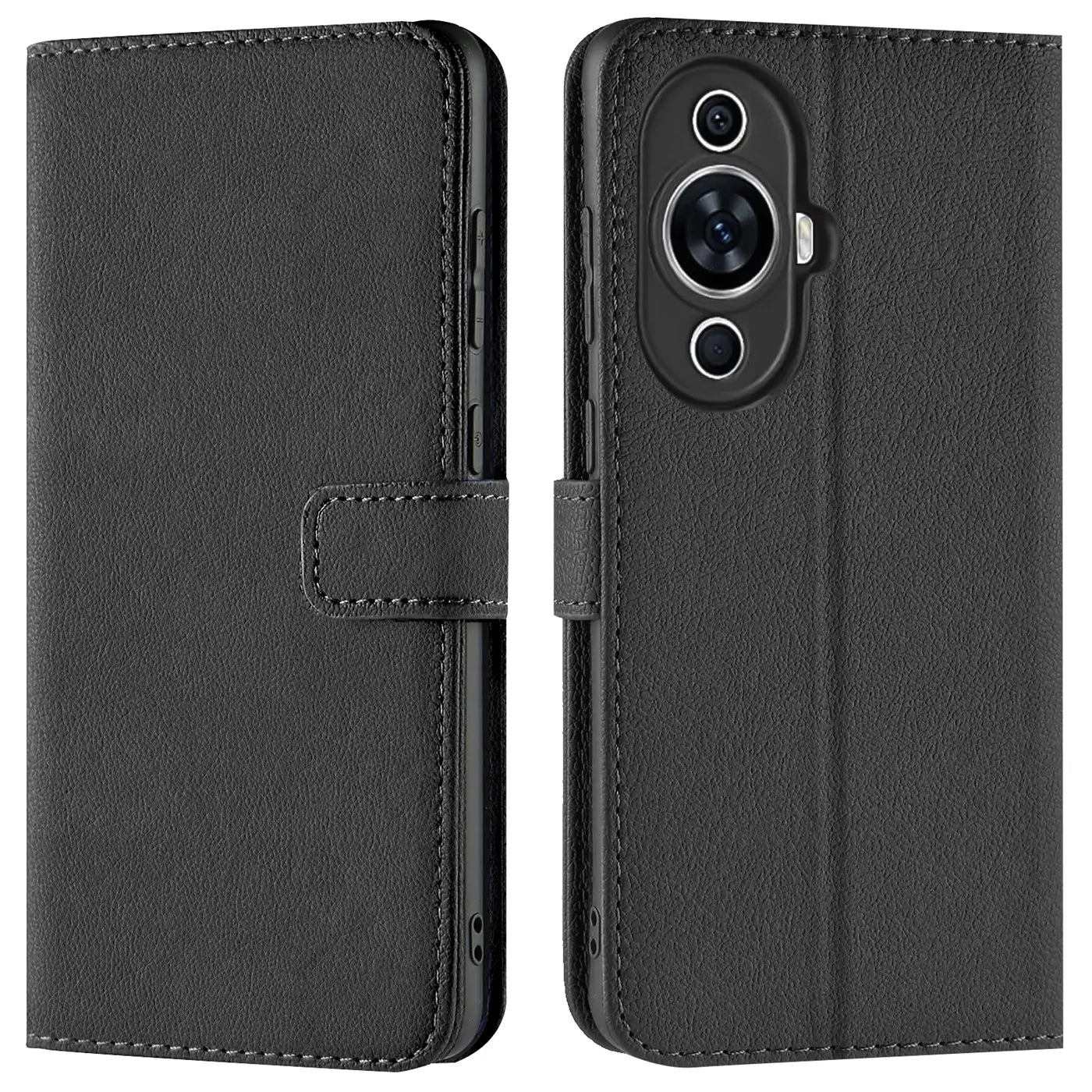 Schwarze Kunstleder-Klapphülle mit Kartenfächern, Vorder- und Rückansicht, für Huawei Nova 12S.