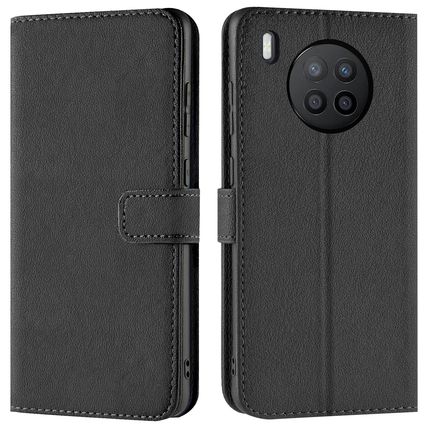 Schwarze Leder-Klapphülle mit Kartenfächern, Vorder- und Rückansicht, zeigt Huawei Nova 8i / Honor 50 Lite.