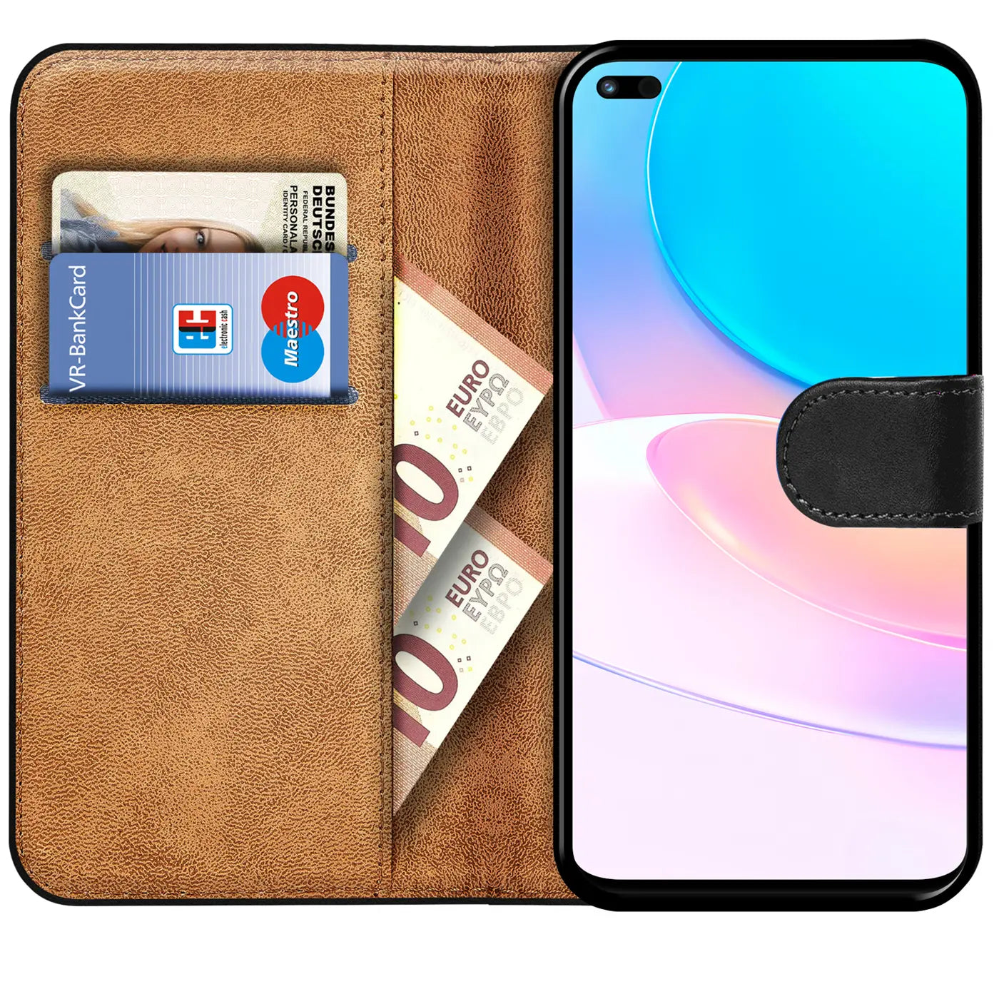Braune Kunstleder-Klapphülle mit Kartenfach, zeigt Huawei Nova 8i / Honor 50 Lite.